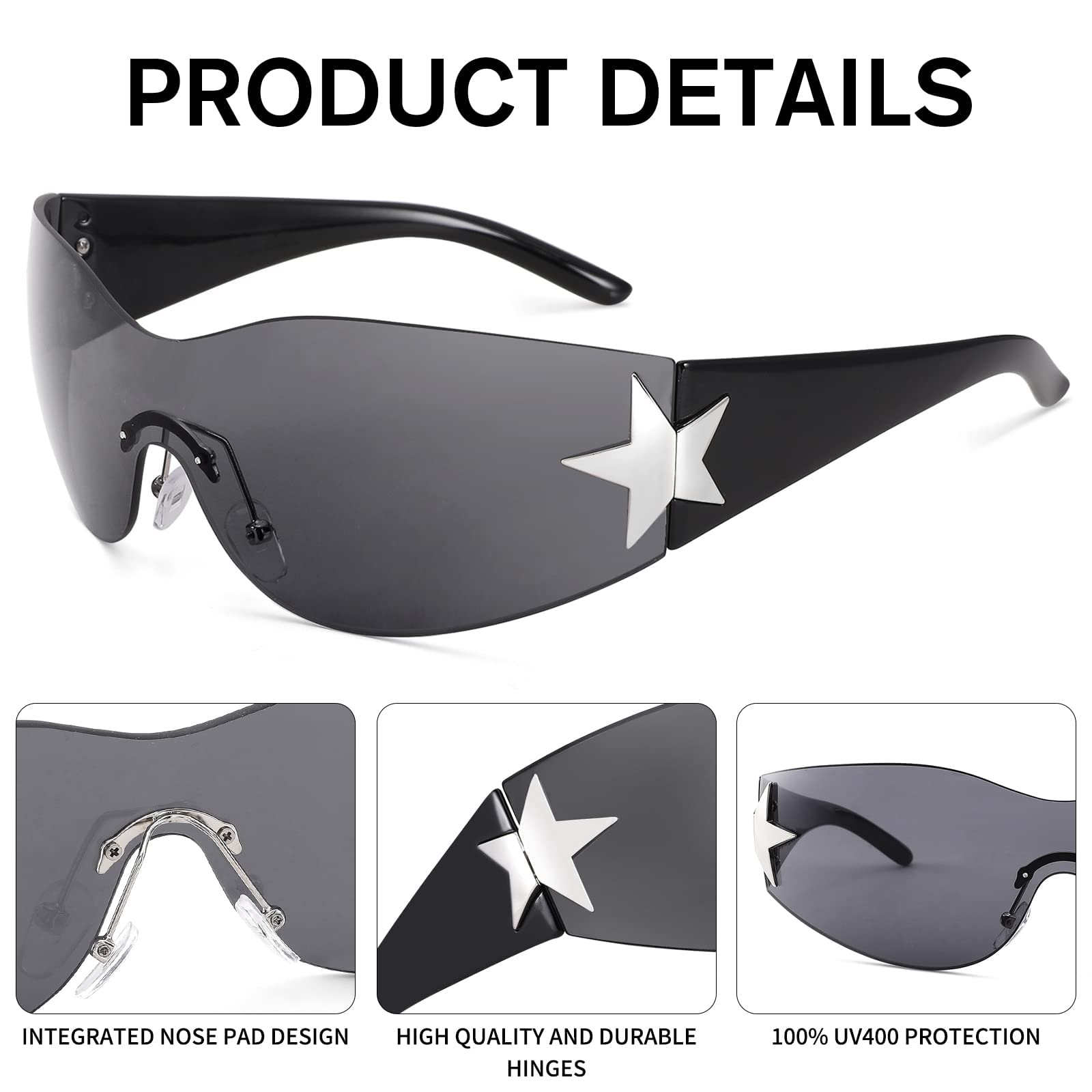 COASION Rimless 2000s Wrap Around Star Sunglasses Women Men Visor Shield Shades Oversized Fashion Frameless Sun Glasses (Black)