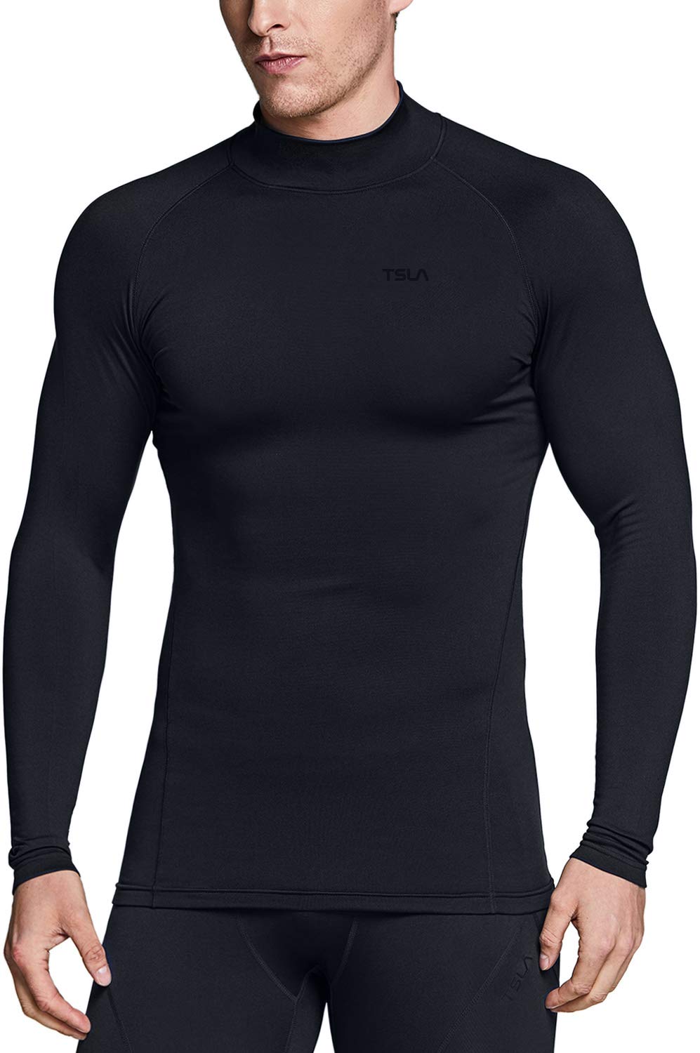 TSLA Men's Thermal Long Sleeve Compression Shirts, Mock/Turtleneck Winter Sports Running Base Layer Top, Core 2pack Mock Shirts Black/Black & Charcoal, Large