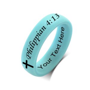 SHNIAN Bible Ring Light Blue Silicone Ring Christian Religious Jewelry Scripture Stackable Ring Lightweight, Comfortable and Customizable, Cross Inspirational Amulet Bands, Bible Verse Philippian 4:13