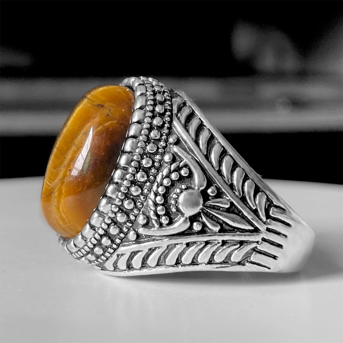 DALEGEM Genuine Yellow Tiger Eye Stone Ring for Men Women,Retro Vintage Quartz Crystal Gemstone Turkish Ring Jewelry Gift for Her Him, silver, Tiger Eye