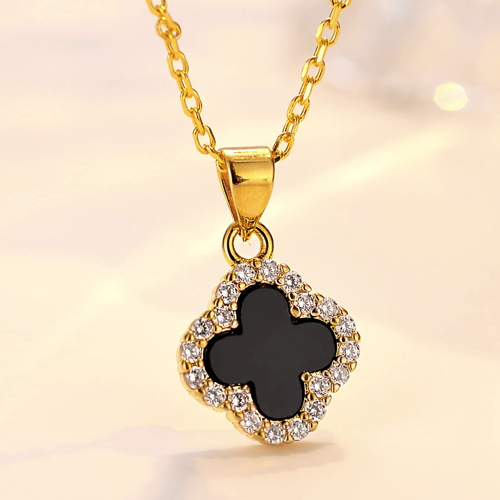 Four Leaf Crystal Clover Necklace Earring Set for Women 18K Gold Plated Stainless Steel Cubic Zirconia Pendant 4 Leaf Lucky Ear Studs Jewelry Gift for Mother and Daughter (Black Gold Set)