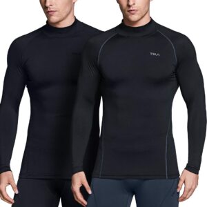 TSLA Men's Thermal Long Sleeve Compression Shirts, Mock/Turtleneck Winter Sports Running Base Layer Top, Core 2pack Mock Shirts Black/Black & Charcoal, Large