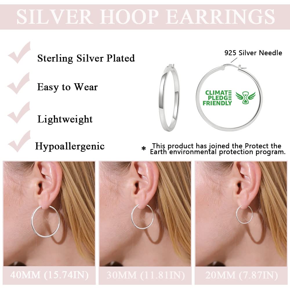 PABBEU Sterling Silver Hoop Earrings - 3 Pairs in 20mm, 30mm, 40mm - Lightweight and Hypoallergenic for Women