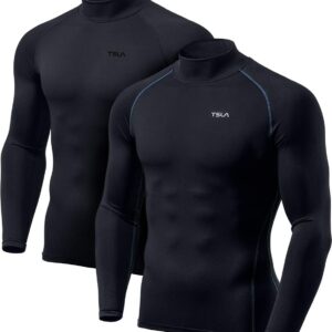 TSLA Men's Thermal Long Sleeve Compression Shirts, Mock/Turtleneck Winter Sports Running Base Layer Top, Core 2pack Mock Shirts Black/Black & Charcoal, Large