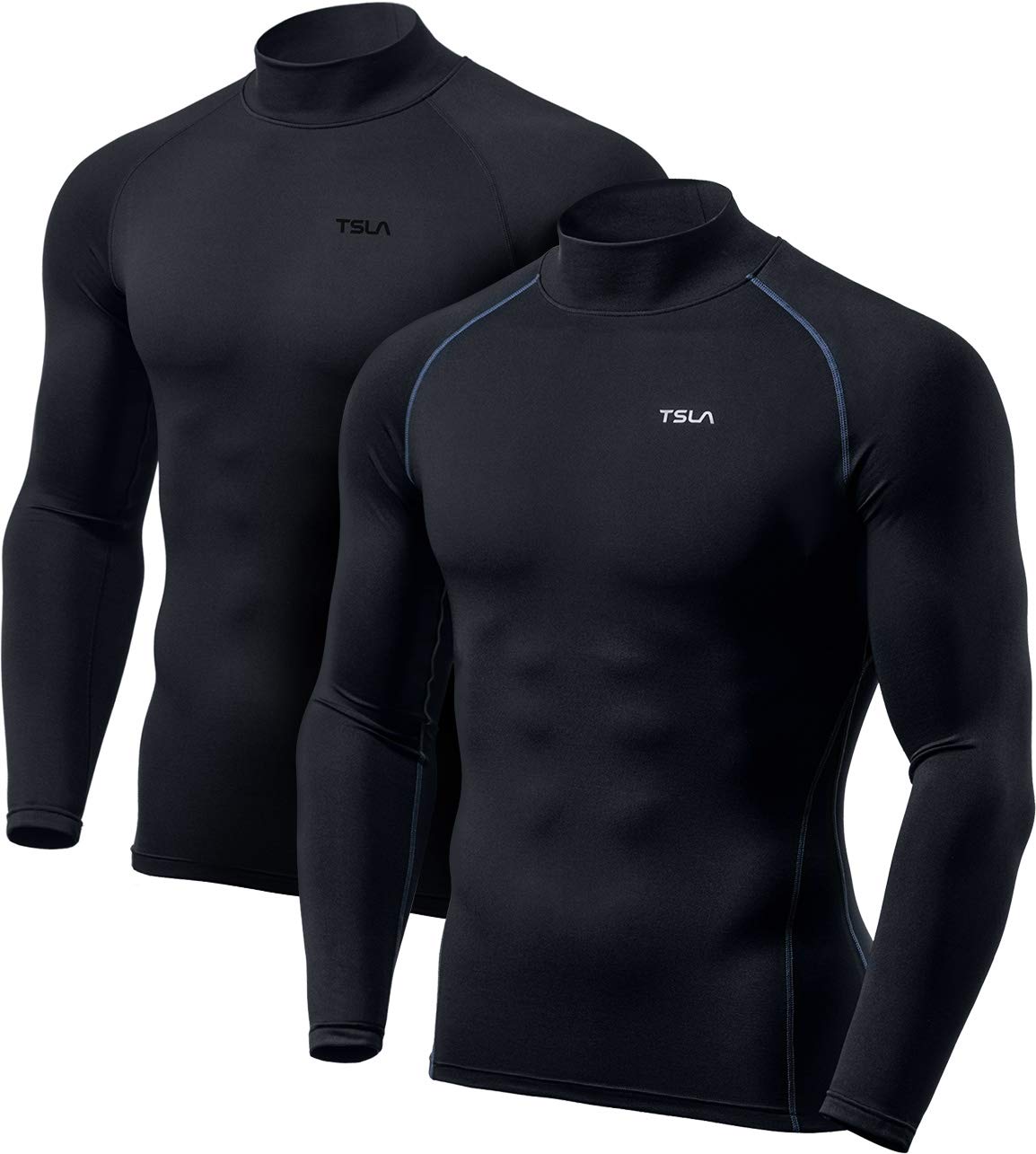 TSLA Men's Thermal Long Sleeve Compression Shirts, Mock/Turtleneck Winter Sports Running Base Layer Top, Core 2pack Mock Shirts Black/Black & Charcoal, Large