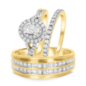 triostar infinity shank wedding trio set halo engagement ring wedding trio ring set for his & her in 14k yellow gold over women's size 8 & men's size 8