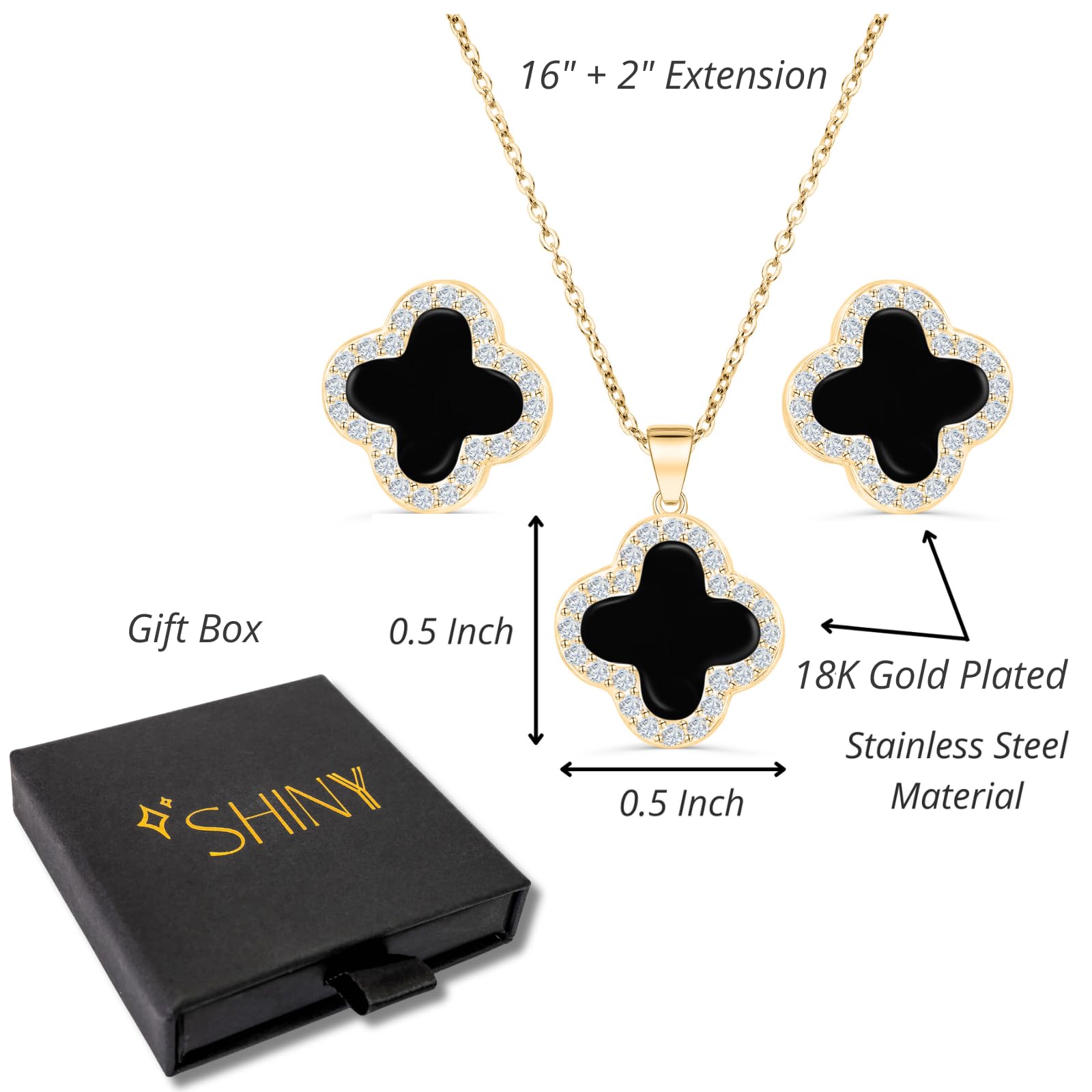 Four Leaf Crystal Clover Necklace Earring Set for Women 18K Gold Plated Stainless Steel Cubic Zirconia Pendant 4 Leaf Lucky Ear Studs Jewelry Gift for Mother and Daughter (Black Gold Set)