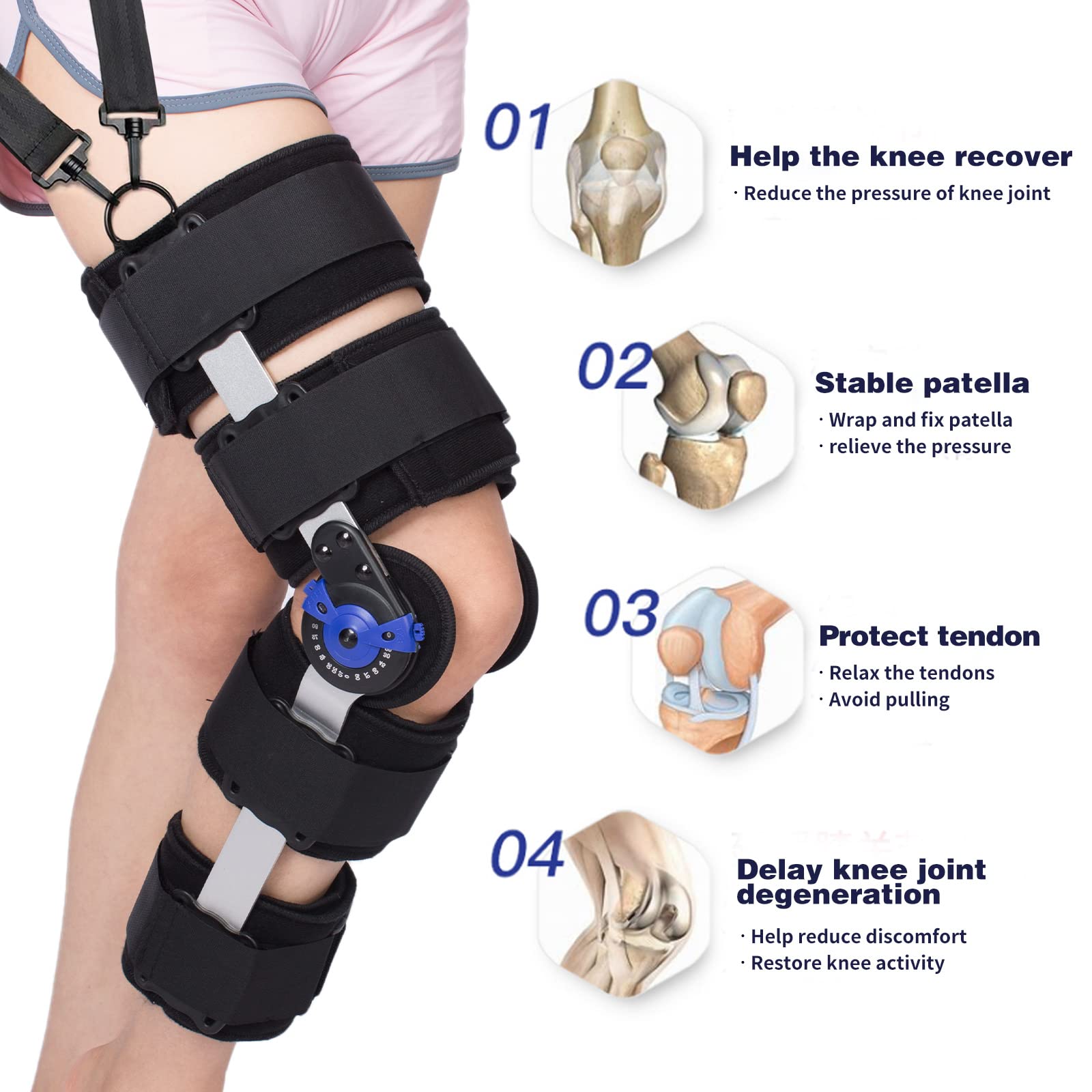 Tairibousy Hinged ROM Knee Brace Post Op Knee Brace Adjustable Knee Immobilizer Support with Side Leg Stabilizers