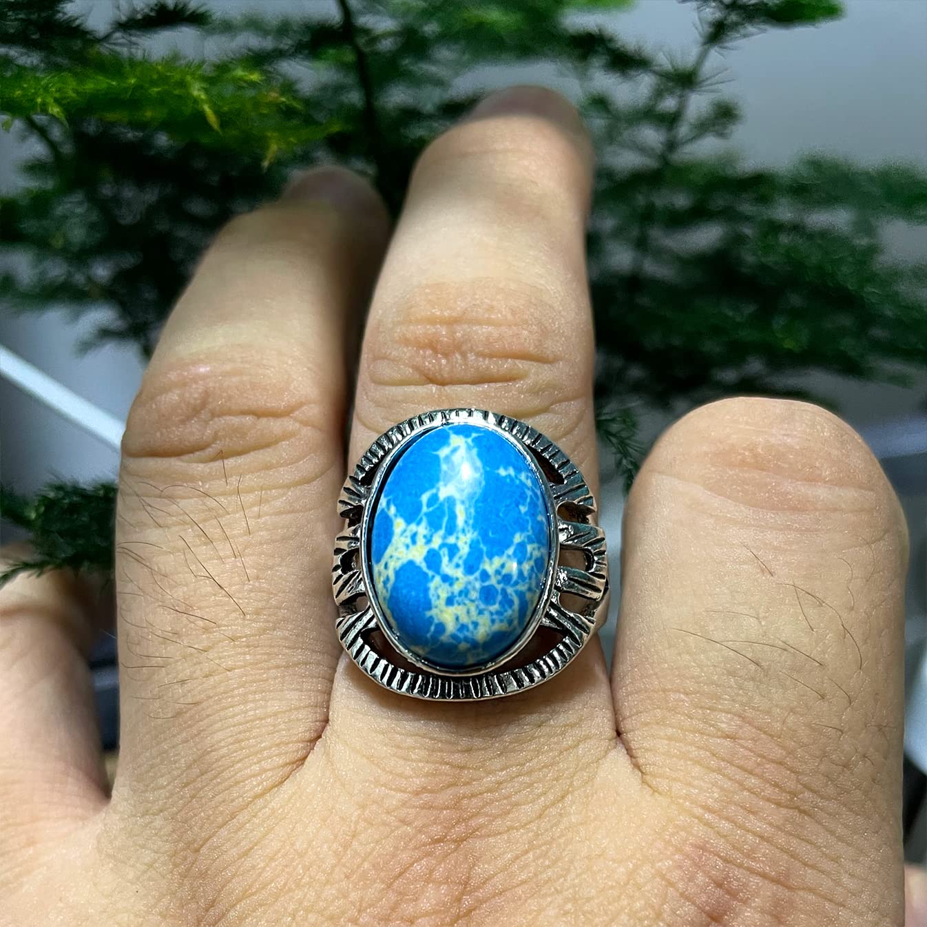 DALEGEM Turquoise Stone Ring for Women Men,Retro Vintage Thick Silver Plated Handmande Gemstone Western Ring Jewelry Gift (Turquoise_D, 8)