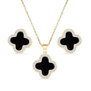 Four Leaf Crystal Clover Necklace Earring Set for Women 18K Gold Plated Stainless Steel Cubic Zirconia Pendant 4 Leaf Lucky Ear Studs Jewelry Gift for Mother and Daughter (Black Gold Set)