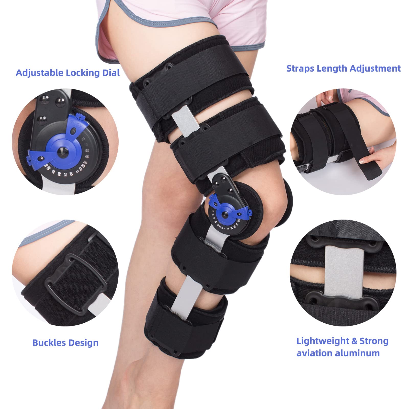 Tairibousy Hinged ROM Knee Brace Post Op Knee Brace Adjustable Knee Immobilizer Support with Side Leg Stabilizers