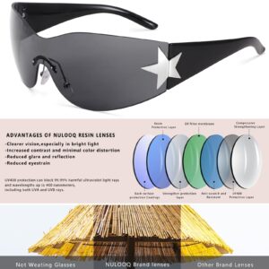 NULOOQ Rimless Y2K Sunglasses for Women Men – Trendy Star Shield Wrap Around Sunglasses Oversized Frameless Sun Glasses (Black/Gray)