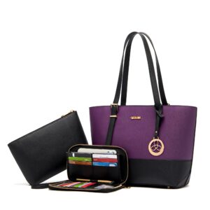 purses and wallets set for women tote satchel handbags shoulder bag top handle totes purse with matching wallet purpleblack