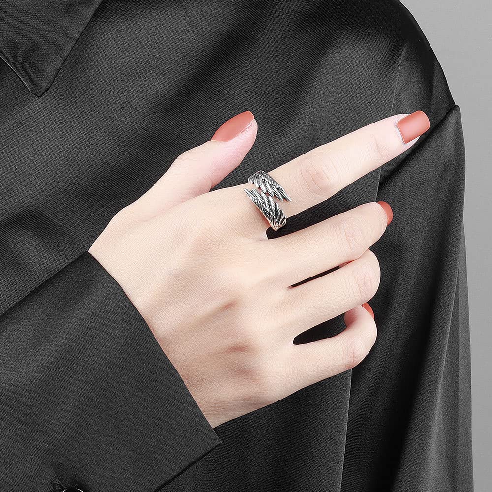 Open Angel Wings Rings for Women, Vintage Adjustable Feather Ring Hypoallergenic Statement Angel Ring Christmas Wing Ring Jewelry Gifts for Women Men