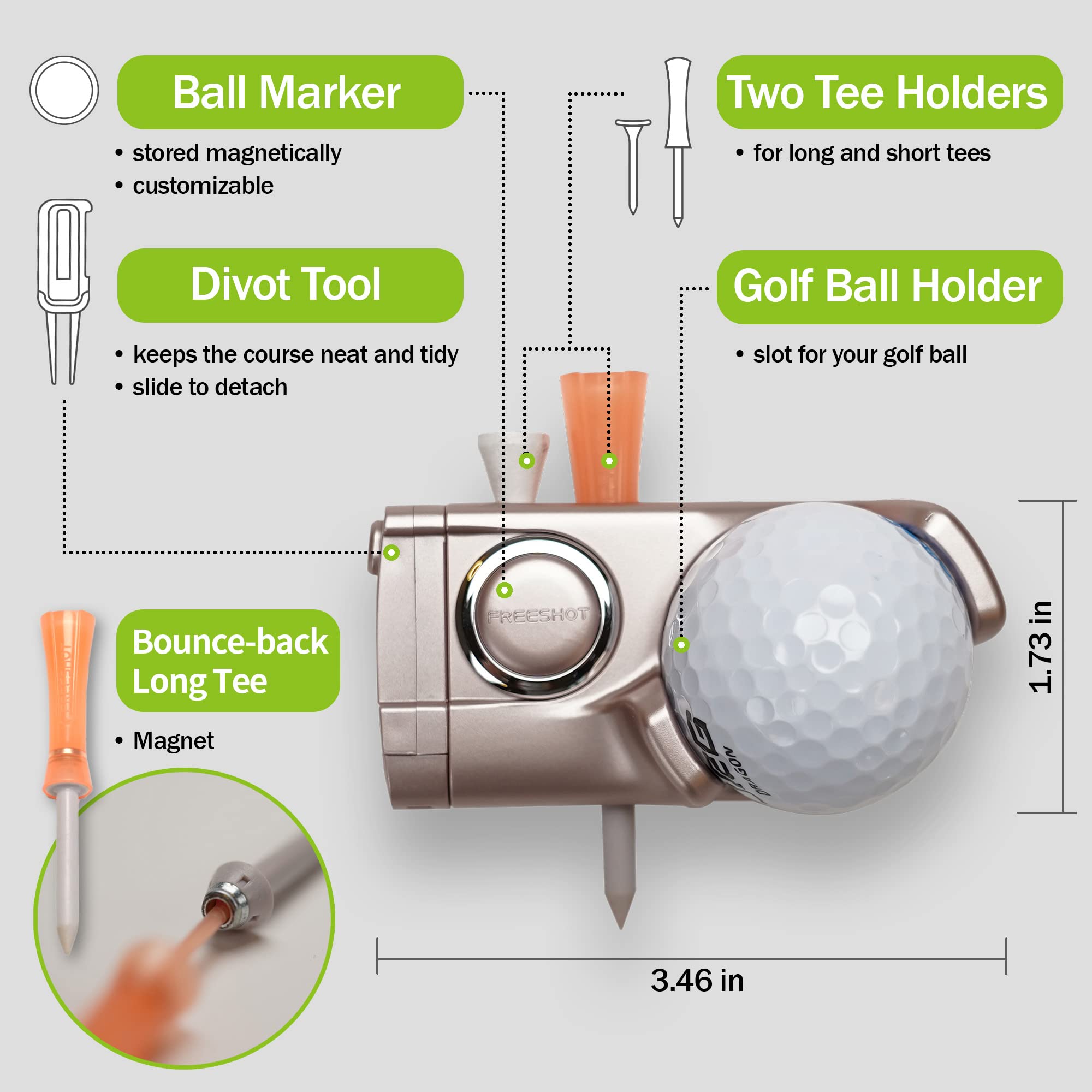 FREESHOT Golf Ball Holder, Divot Tool, Ball Marker, Golf Tee Holder All-in-one Golf Accessory Tool, Best Golf Gift, Stocking-Stuffer, Metal Grey Color