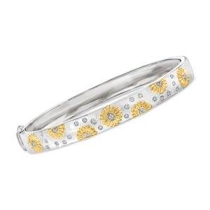 Ross-Simons Diamond-Accented Sunflower Bangle Bracelet in 2-Tone Sterling Silver. 8 inches