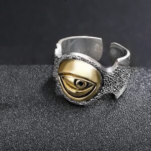 Open All Seeing Eye of God Ring for Men, Adjustable Vintage Crossbones Geometry Silver Engraved Golden Eye of God Ring, Personalized All Seeing Ring Friendship Christmas Jewelry Gifts for Men Women