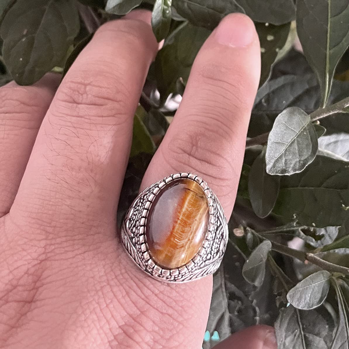 DALEGEM Genuine Yellow Tiger Eye Stone Ring for Men Women,Retro Vintage Quartz Crystal Gemstone Turkish Ring Jewelry Gift for Her Him, silver, Tiger Eye