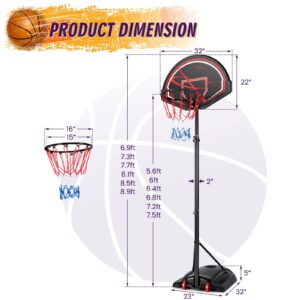 Goplus Portable Basketball Hoop Outdoor, 6.9-8.9 FT Height Adjustable Basketball Goal with 32’’ Shatterproof Backboard, Fillable Base, 2 Nets, 2 Wheels, Indoor Basketball Stand for Kids Youth Adults