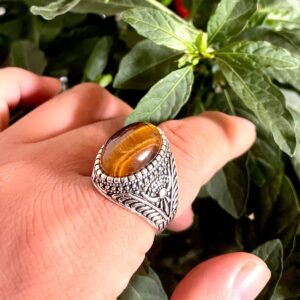 DALEGEM Genuine Yellow Tiger Eye Stone Ring for Men Women,Retro Vintage Quartz Crystal Gemstone Turkish Ring Jewelry Gift for Her Him, silver, Tiger Eye