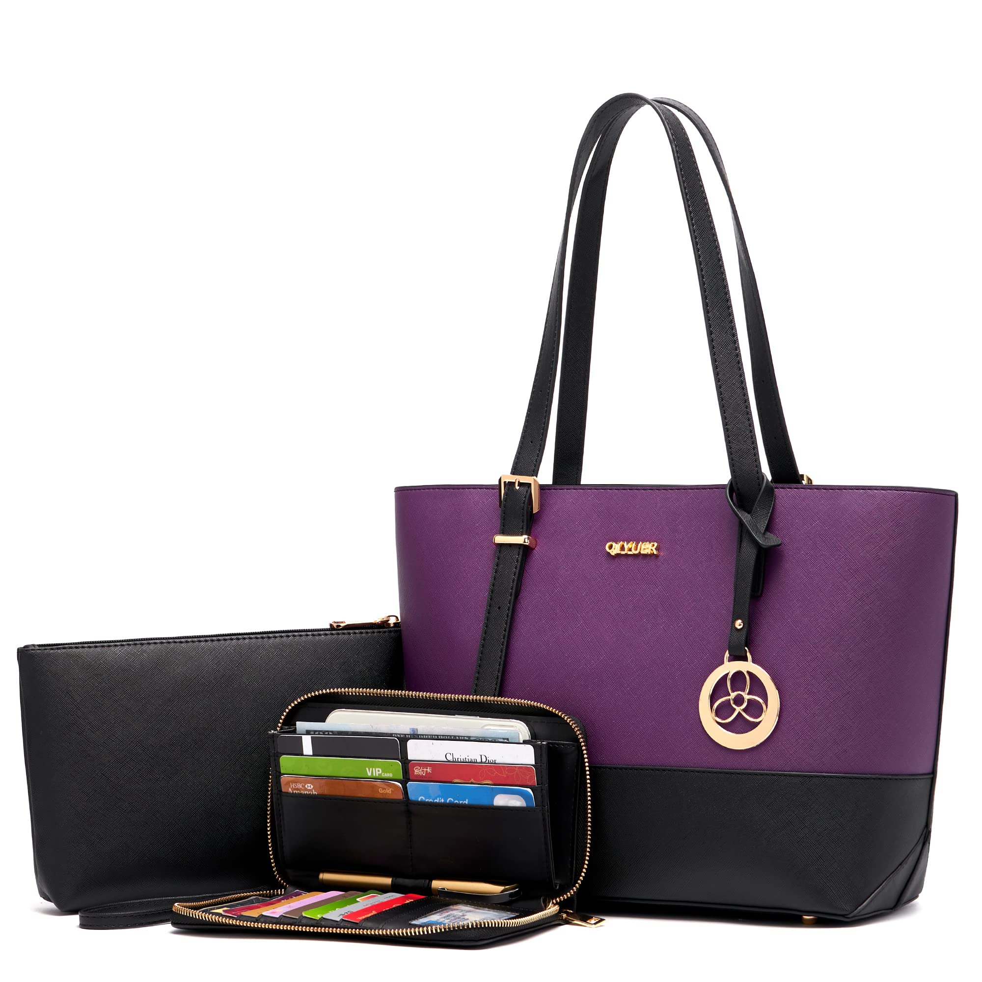 Purses And Wallets Set For Women Tote Satchel Handbags Shoulder Bag Top Handle Totes Purse With Matching Wallet PurpleBlack