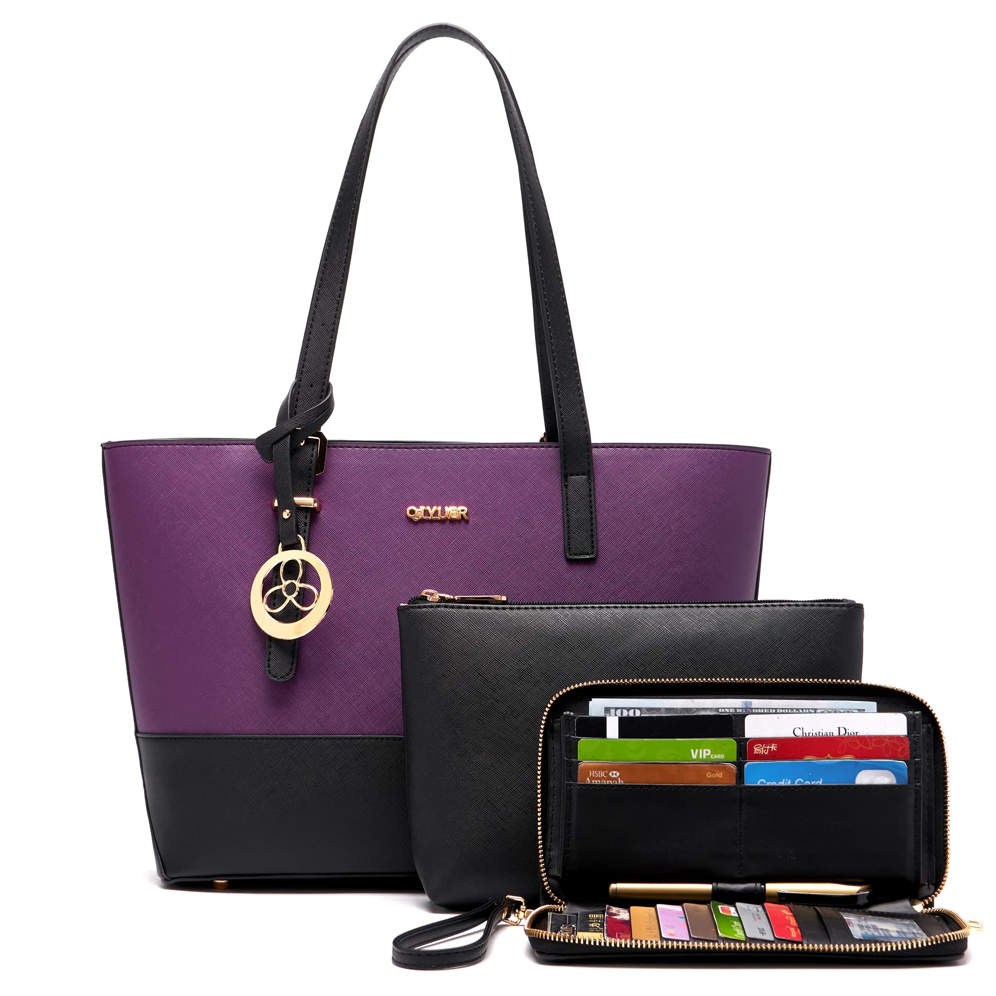 Purses And Wallets Set For Women Tote Satchel Handbags Shoulder Bag Top Handle Totes Purse With Matching Wallet PurpleBlack