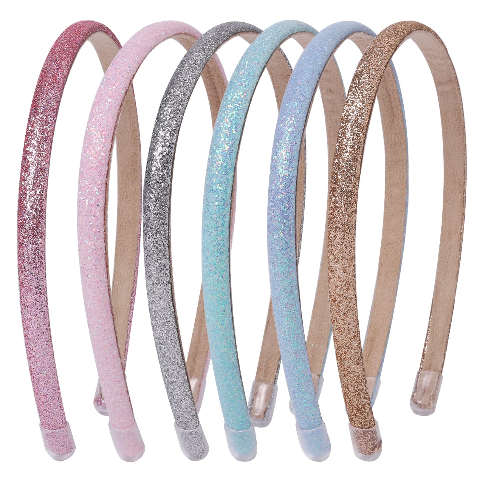 Fishdown Thin Glitter Headbands 6 Pack, Including Gold, Silver, Rose Red, Pink, Blue, Light Blue for Girls and Women, Non-slip Upgraded Sequin Headband with Soft Fabric Cover