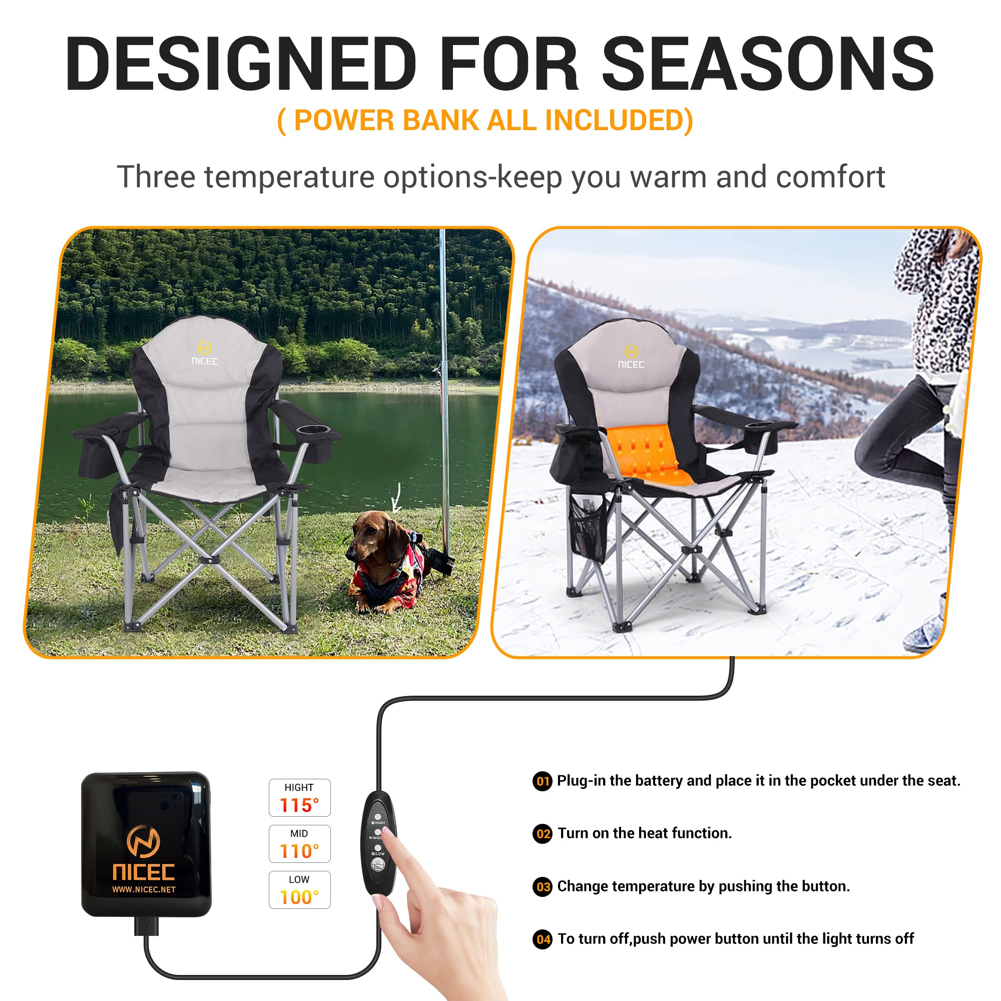 Nice C Outdoor Heated Chair, Heated Camping Chair, Folding Chair, Beach Chair, Wide&Thick Padding, Heavy Duty Cooler, Carry Bag, Cupholder & Side Pockets, 10000mAh Power Bank Included (2 Pack)