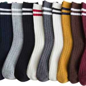 ACCFOD Womens Striped Crew Socks 10 Pairs Cute Retro Long Socks Vintage Fun Fashion Athletic Aesthetic High Socks for Women