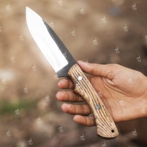 10'' Inch Fixed Blade Hunting Knife, Bushcraft, Survival, Outdoor, Skinning, Camping Full Tang Knife With Leather Sheath. (Oak Wood)