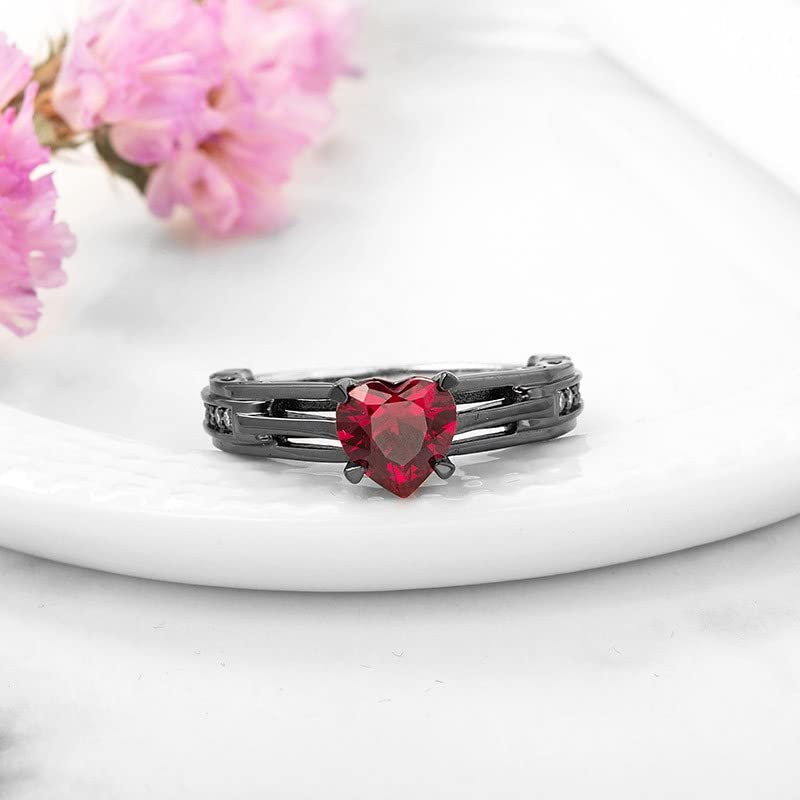 ZALKARI Heart Cut 1.20Ct Red Garnet & VVS1/D Diamond Women,'s Engagement, Wedding, Anniversary Ring Sterling Silver Black & White (Two Tone) Gold Plated (White Gold Plated Sterling Silver, 5.50)