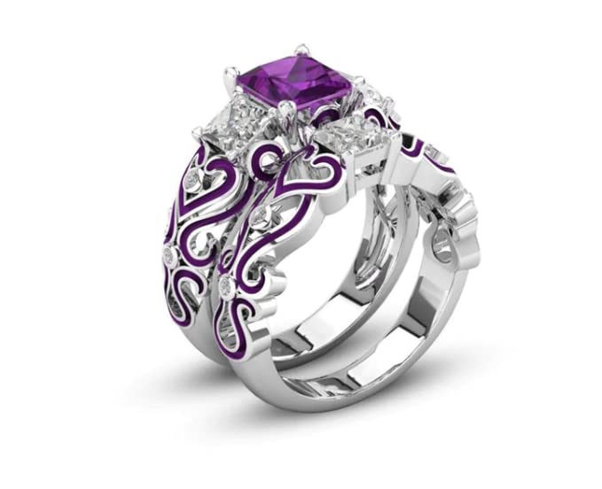 ZALKARI Princess Cut 3.10 Ct Purple Amethyst & VVS1/D Diamond Women,'s Engagement, Wedding Bridal Ring Set White Gold Plated