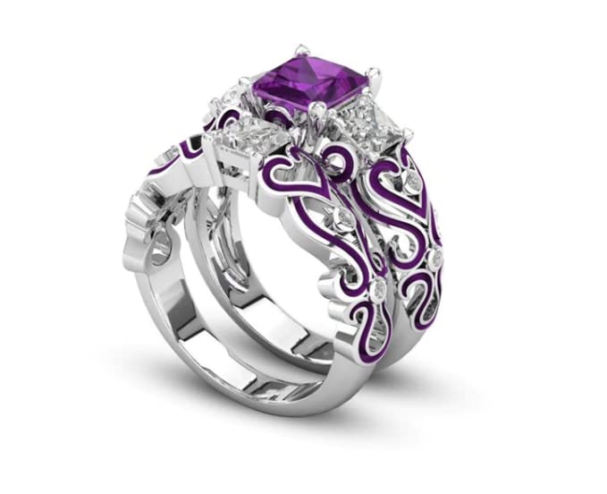 ZALKARI Princess Cut 3.10 Ct Purple Amethyst & VVS1/D Diamond Women,'s Engagement, Wedding Bridal Ring Set White Gold Plated