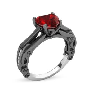 ZALKARI Heart Cut 1.20Ct Red Garnet & VVS1/D Diamond Women,'s Engagement, Wedding, Anniversary Ring Sterling Silver Black & White (Two Tone) Gold Plated (White Gold Plated Sterling Silver, 5.50)