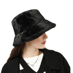 CZEVIP Black Faux Fur Bucket Hat Soft Warm Winter Fuzzyy Bucket Hat Fluffy Winter Hats for Women Men Furry Bucket Hat Unisex