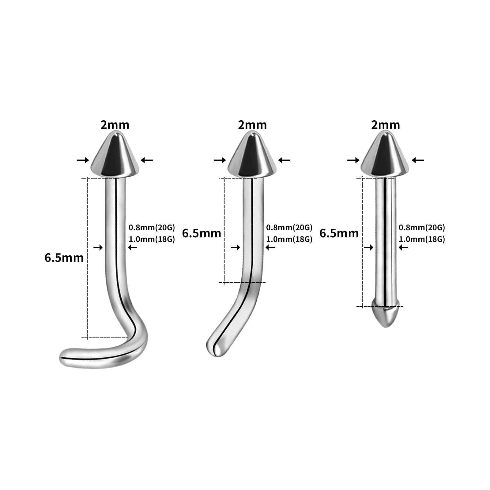 BLISI Nose Rings Titanium Nose Piercings Screw for Women Nose Rings L-Shaped Nose Studs Set for Women Men (6PCS Set 5, 18G 6.5x2)