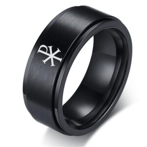 Stainless Steel Christian Symbol Cross Spinner Ring Religious Catholic Greek Letter XP Name of Christ Amulet Rotatable Anxiety Relieving Finger Ring for Men Women, Black, 9