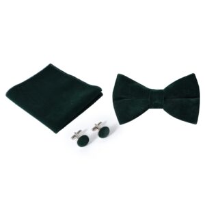 PACGOTH Bow Ties for Men Pre-Tie Bow Ties Vintage Tuxedo Velvet Bow Ties Cufflinks Pocket Square Sets With Gift Box (Dark Green)