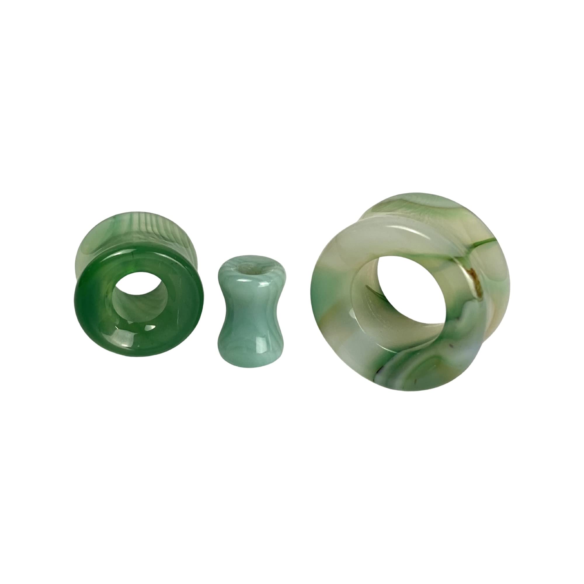 Mystic Metals Body Jewelry Pair of Green Line Agate Stone Concave Double Flared Tunnels (STN-746) (5/8" (16mm))