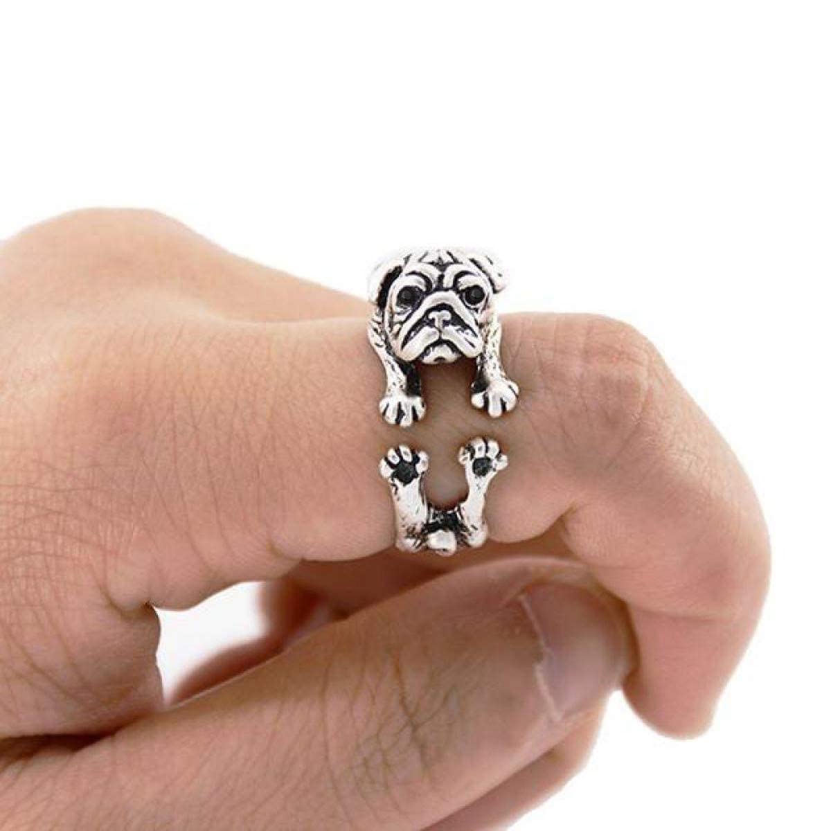 Pug Dog Adjustable Biker Ring With Black Spinel Gemstone 925 Sterling Silver (Silver, 6)