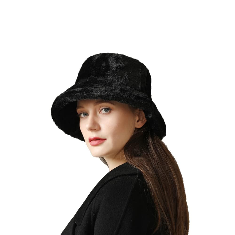 CZEVIP Black Faux Fur Bucket Hat Soft Warm Winter Fuzzyy Bucket Hat Fluffy Winter Hats for Women Men Furry Bucket Hat Unisex