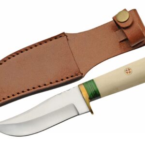 SZCO Supplies 203444-8 Wood and Bone Handled Upsweep Outdoor Hunting Knife with Leather Sheath, Green, 8.25" Length