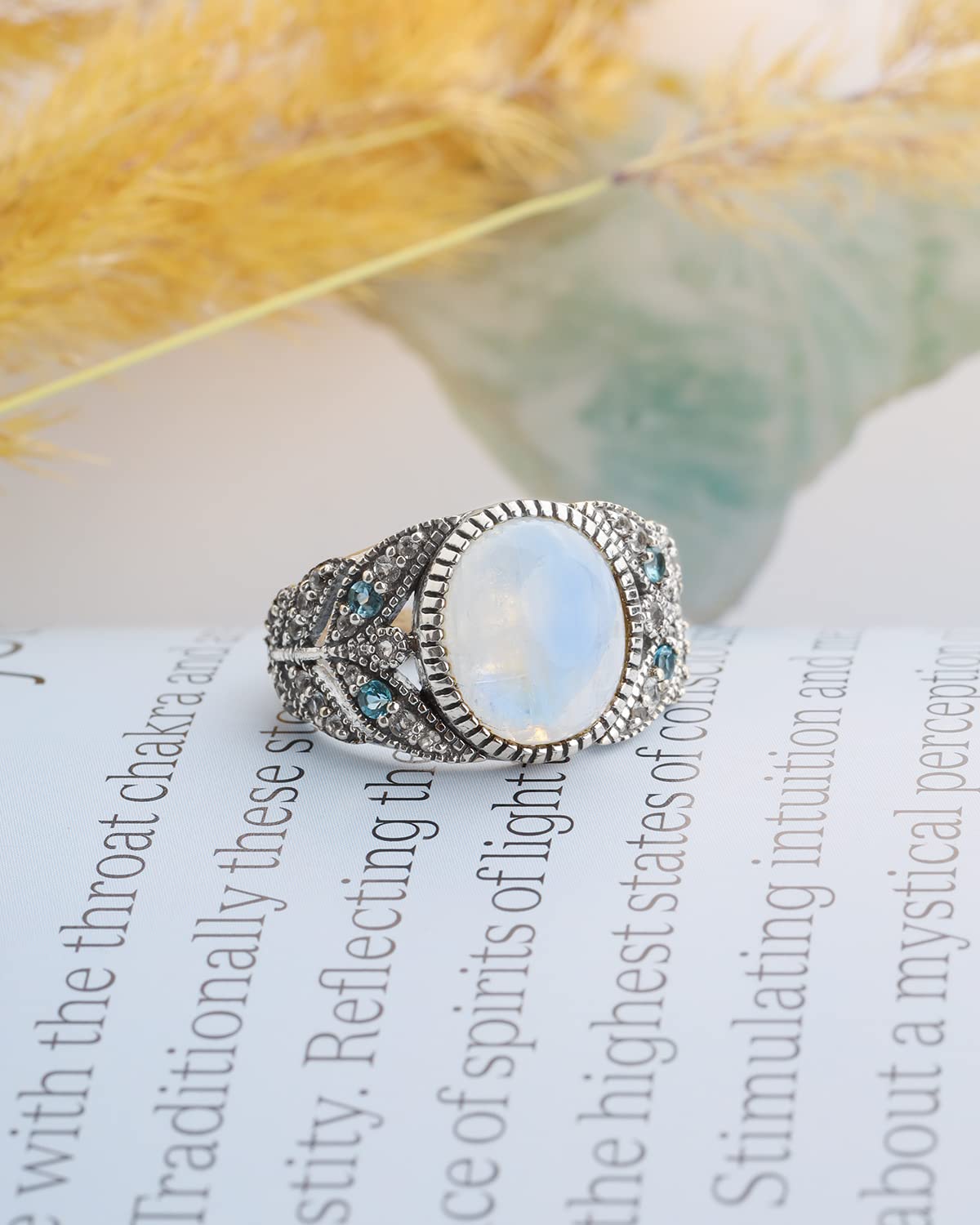 YoTreasure Rainbow Moonstone Swiss Blue Topaz 925 Sterling Silver Designer Ring Jewelry