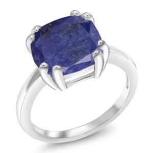 Gem Stone King 925 Sterling Silver Blue Lapis Double Prong Ring For Women (3.50 Cttw Cushion 10MM, Available In Size 5, 6, 7, 8, 9)