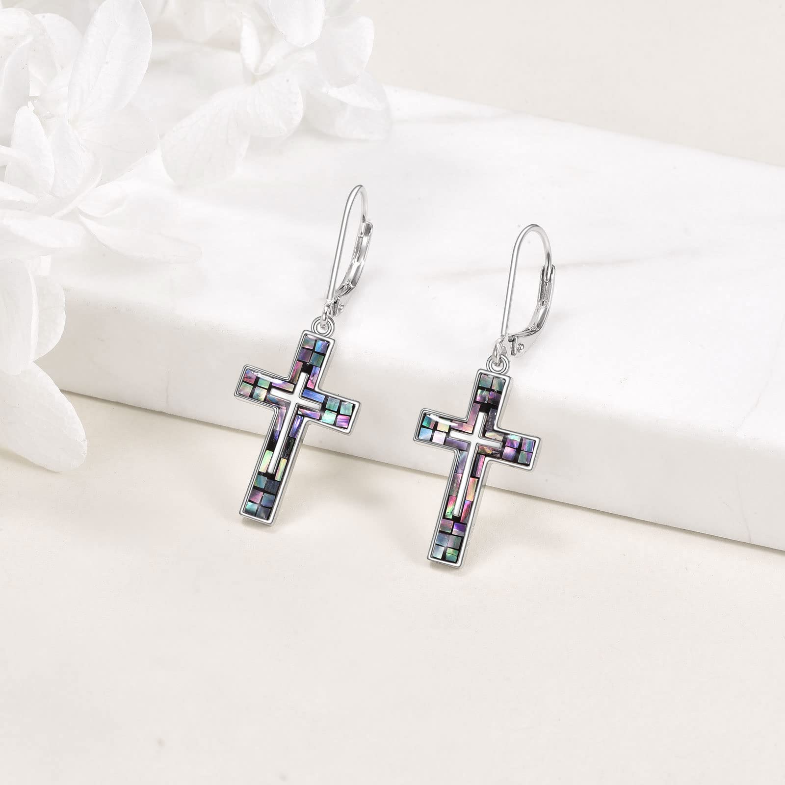 YFN Cross Earrings Sterling Silver Abalone Shell Cross Earrings Dangle Drop Earrings Jewelry Gifts for Women