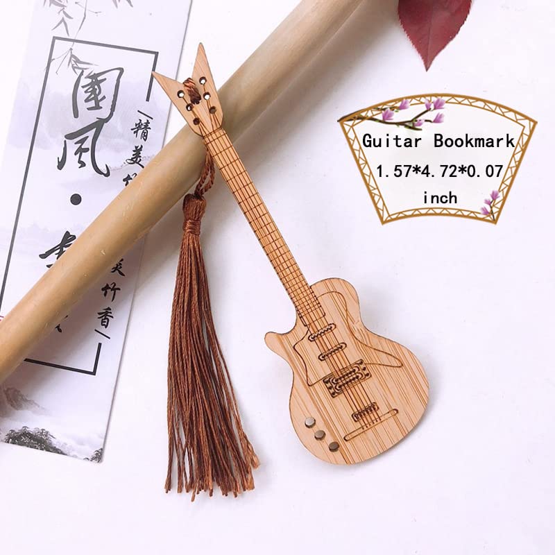 Bamboo Guitar Bookmark with Tassel Bass Bookmarks for Men Women Book Lovers Bass Guitar Band Gifts for Men Women Book Marks Accessories Unique Music Lover Gifts 4pcs