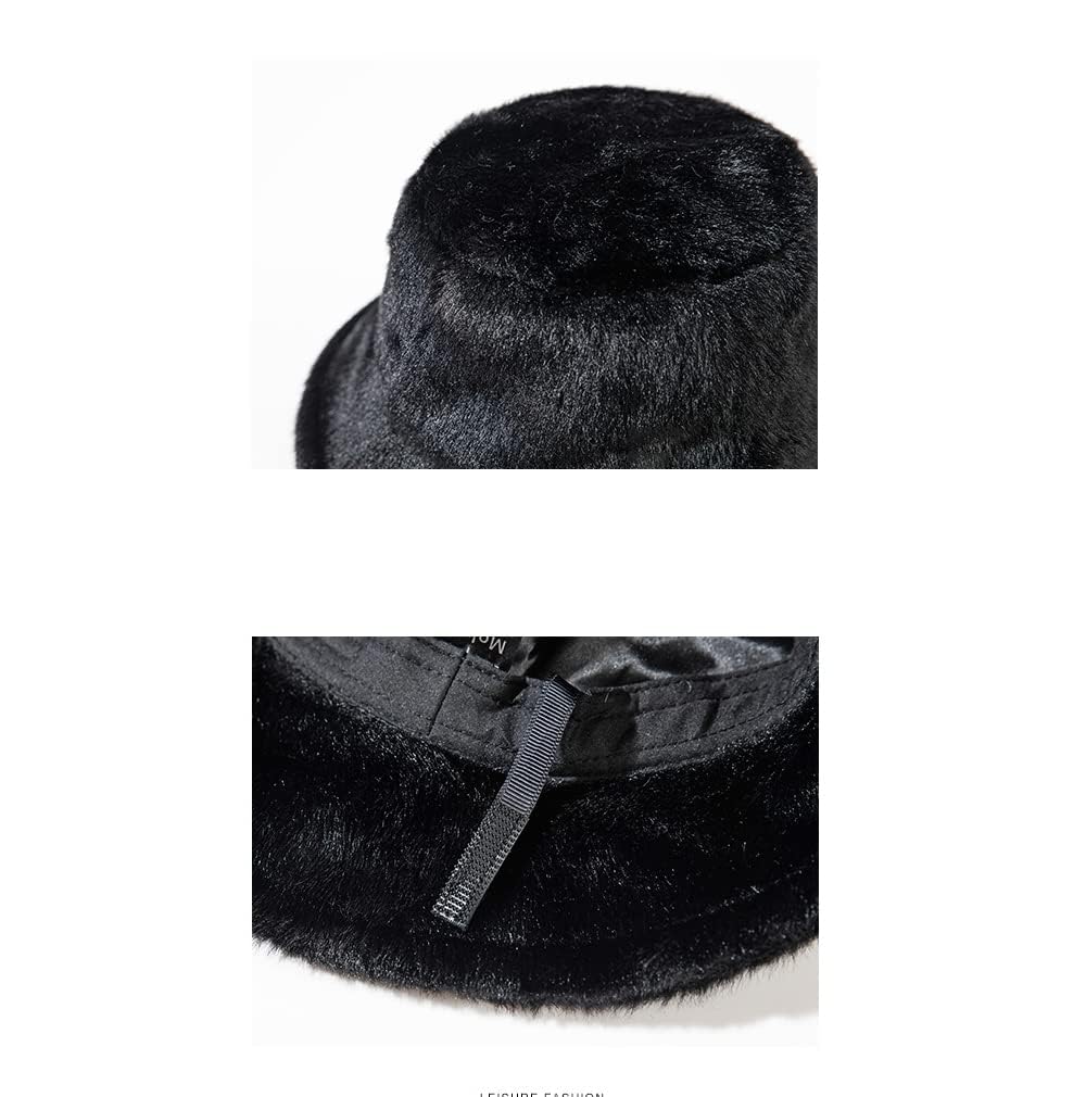 CZEVIP Black Faux Fur Bucket Hat Soft Warm Winter Fuzzyy Bucket Hat Fluffy Winter Hats for Women Men Furry Bucket Hat Unisex