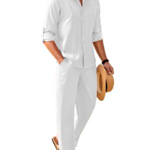 COOFANDY Mens Linen Yoga Outfits Casual Button Down Shirts with Pocket and Loose Pants All White Outfits for Men