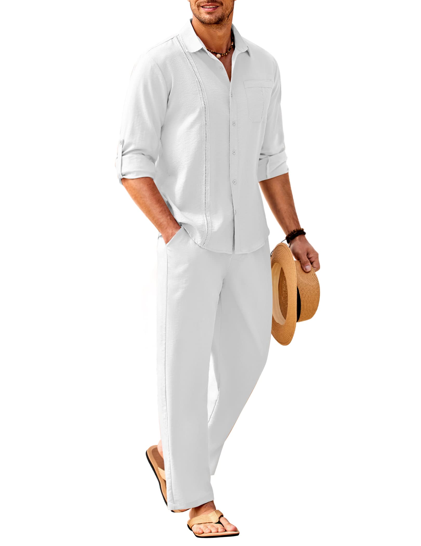 COOFANDY Mens Linen Yoga Outfits Casual Button Down Shirts with Pocket and Loose Pants All White Outfits for Men