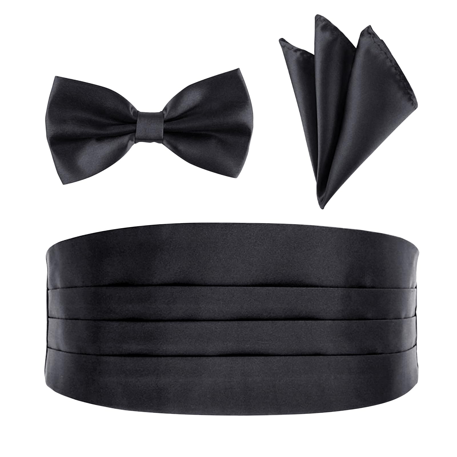 BlingKingdom Men's Satin Cummerbund Pretied Bow Tie Breast Pocket Handkerchief Set for Special Occassions